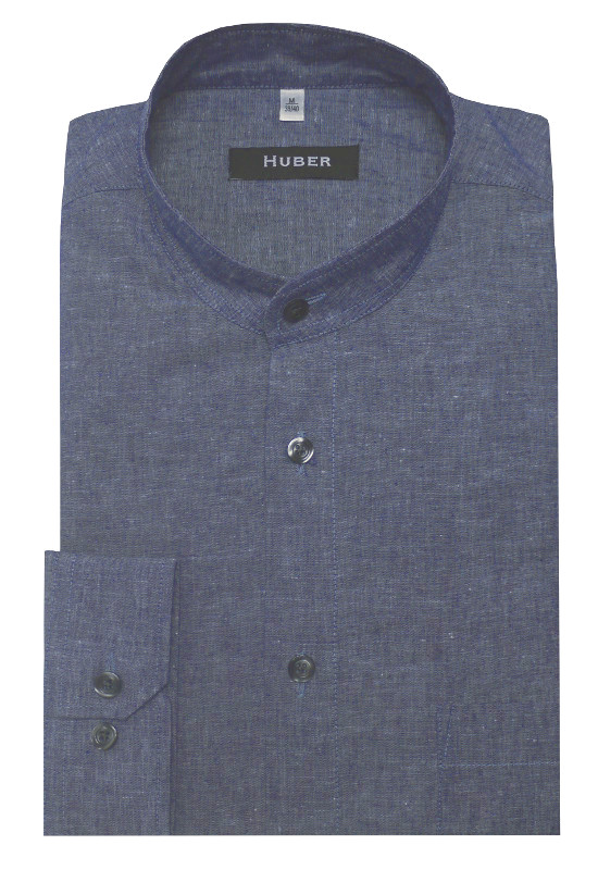 HUBER Stehkragen Leinen Hemd marine blau Halbleinen HU-0437 Regular