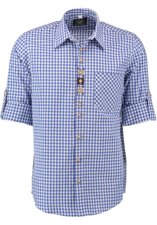 Trachtenhemd blau-weiß kariert mit Stickerei und Krempelarm TH-0102 Regular Fit
