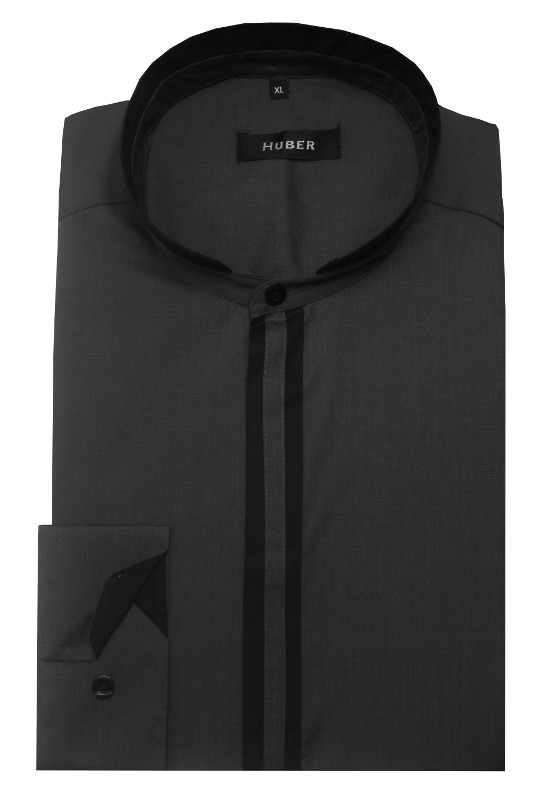 HUBER Stehkragen Hemd grau schwarz HU-0086 Regular