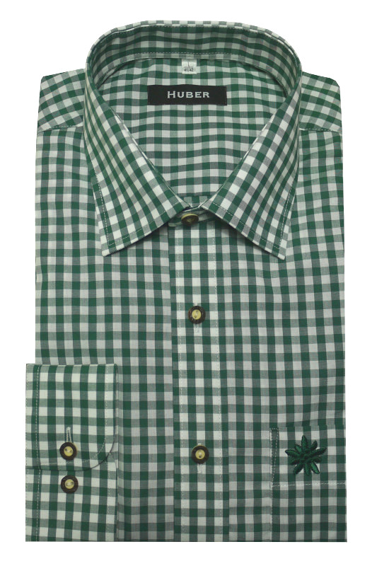 HUBER Trachten Hemd Jagd Forst grün mit Stickerei Krempelarm Regular HU-0731