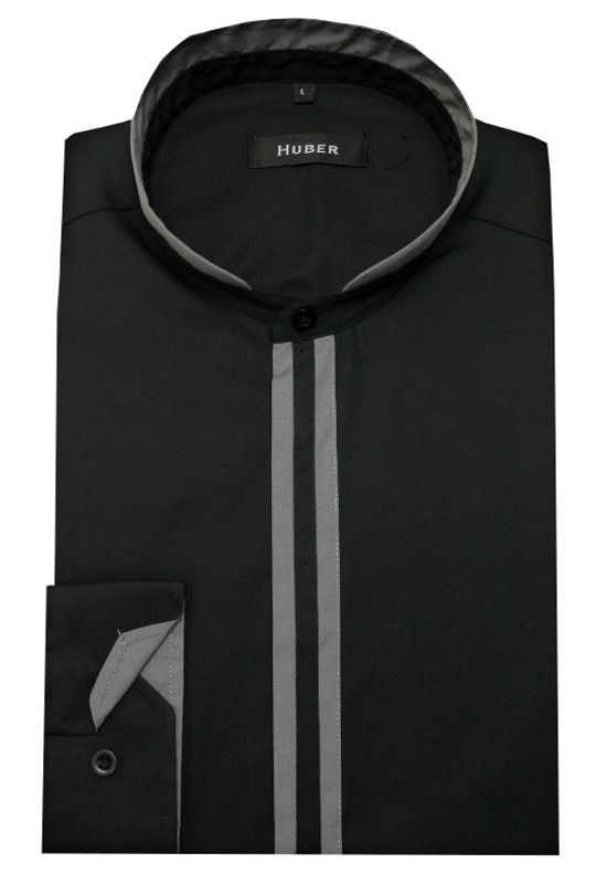 HUBER Stehkragen Hemd schwarz grau Regular Fit HU-0094