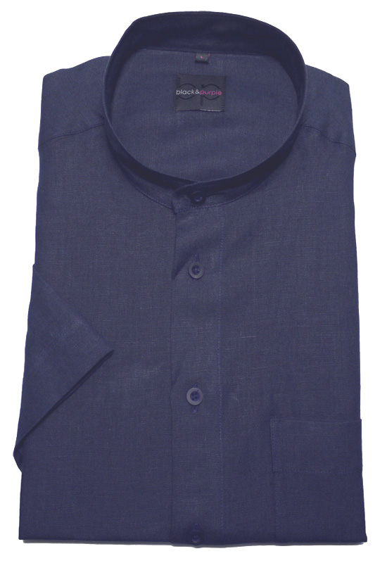 Leinenhemd von Black & Purple Stehkragen Kurzarm marine
