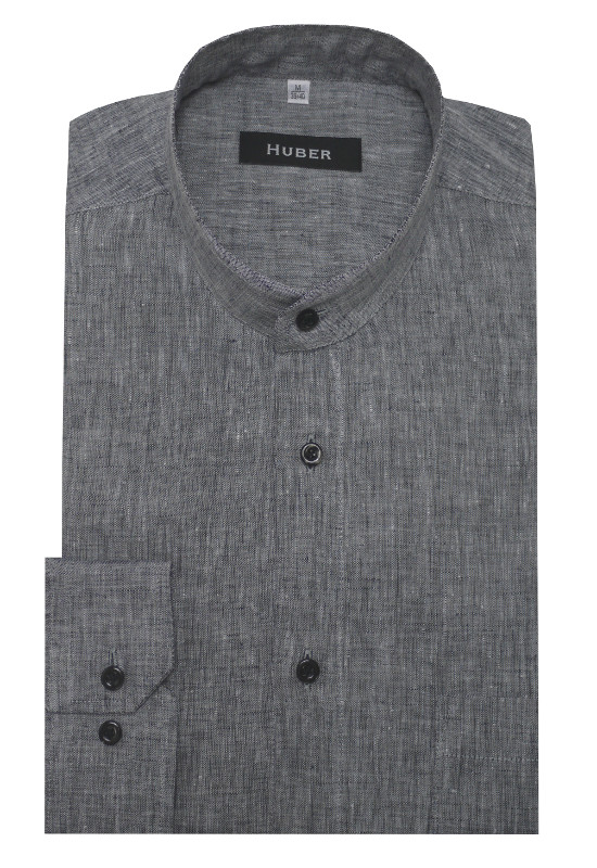 HUBER Stehkragen Hemd grau 100% Leinen feiner Stoff Regular Fit HU-0460