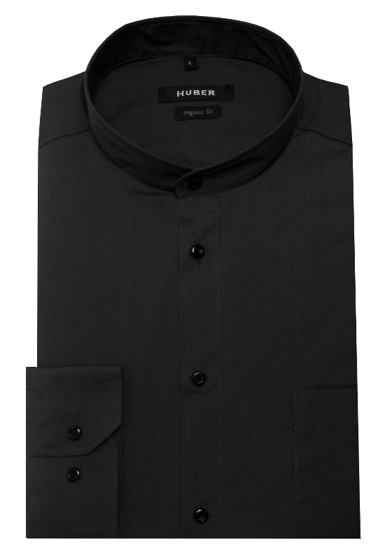 HUBER Stehkragen Hemd schwarz Regular Fit bügelleicht HU-0651