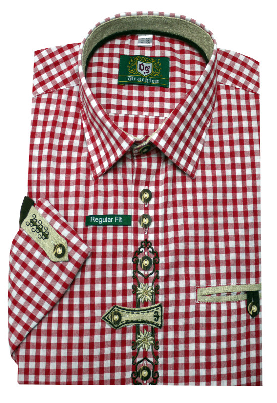 Orbis Trachtenhemd rot kariert mit Stickerei Krempelarm OS-0252 Regular Fit