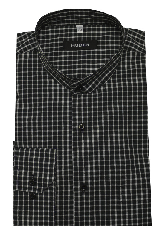 HUBER Stehkragen Hemd schwarz weiß kariert HU-0454 Regular
