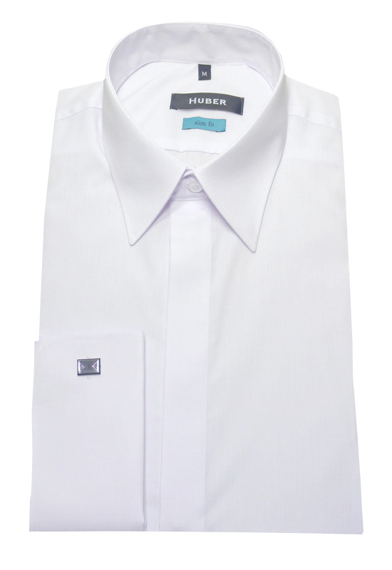 HUBER Umschlag-Manschettenhemd weiß +Krawatte schwarz +Mansch.Knöpfe Slim Fit HU-6361