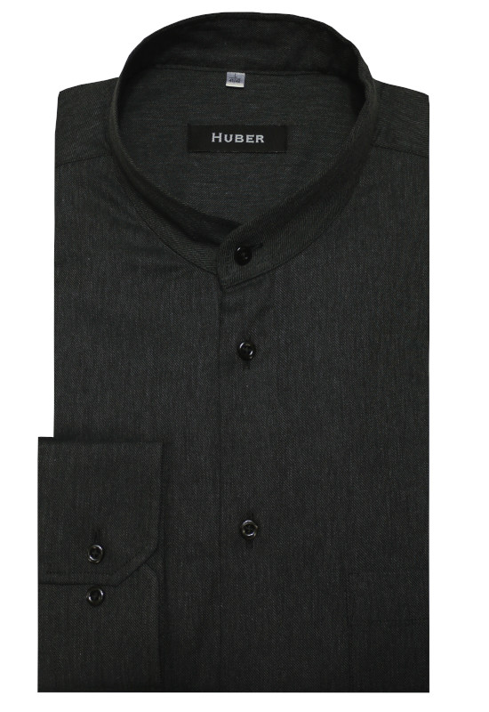 HUBER Stehkragen Hemd dunkelgrau edler softweicher Twill Regular Fit HU-0096