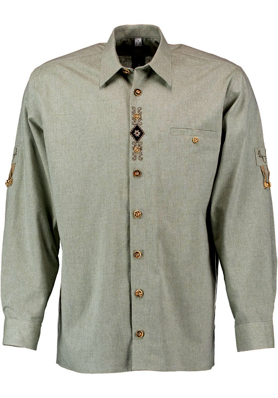 Orbis Trachtenhemd beige braun mit Stickerei Krempelarm OS-0214 Comfort Fit