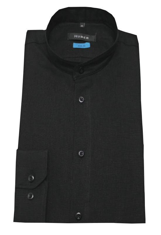 HUBER Stehkragen Leinen Hemd schwarz HU-0392 Slim Fit