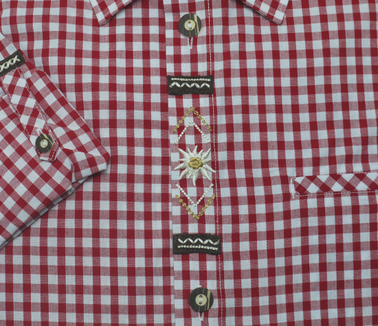 Orbis Trachtenhemd rot weiß mit Stickerei Krempelarm OS-0362 Regular Fit