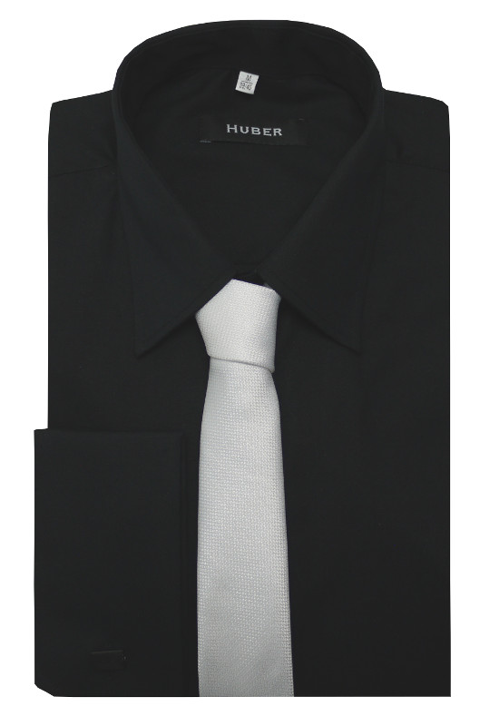 HUBER Umschlag-Manschetten Hemd schwarz inkl. Krawatte weiss HU-5412 Regular
