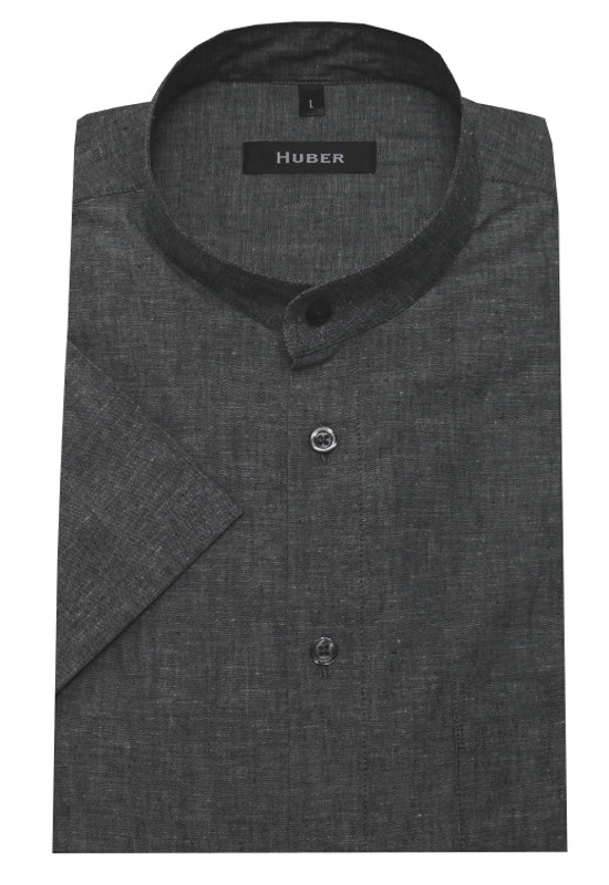 HUBER Stehkragen Leinen Kurzarm Hemd grau HU-0131 Regular