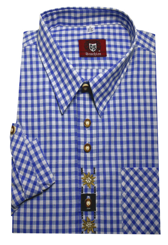 Orbis Trachtenhemd blau-weiß mit Stickerei Krempelarm OS-0102 Regular Fit