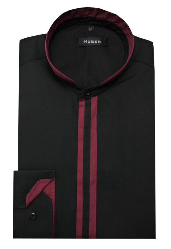 HUBER Stehkragen Hemd schwarz-weinrot HU-0089 Regular