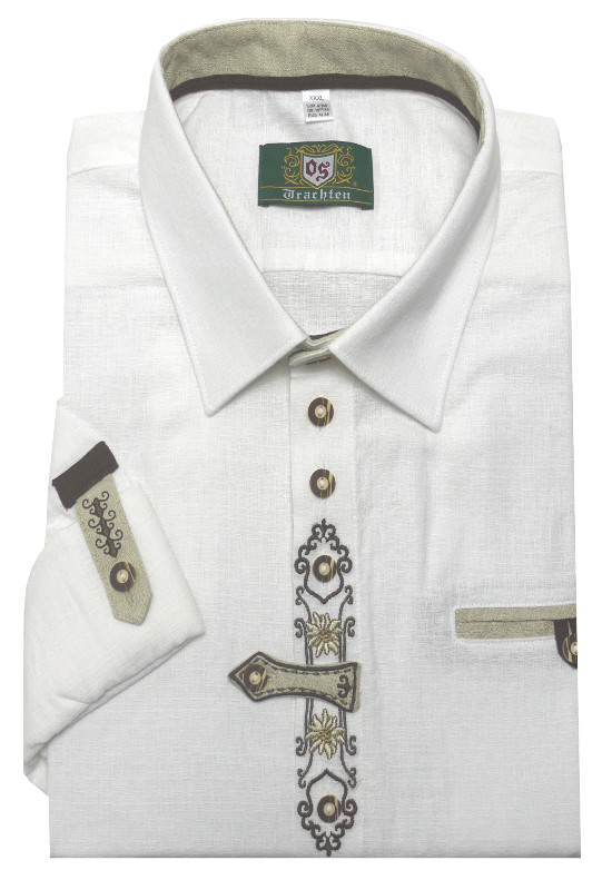 Orbis Trachtenhemd weiß mit Stickerei Krempelarm Regular Fit OS-0250
