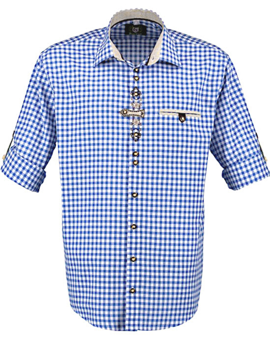 Trachtenhemd blau kariert mit Stickerei und Krempelarm TH-0251 Regular Fit