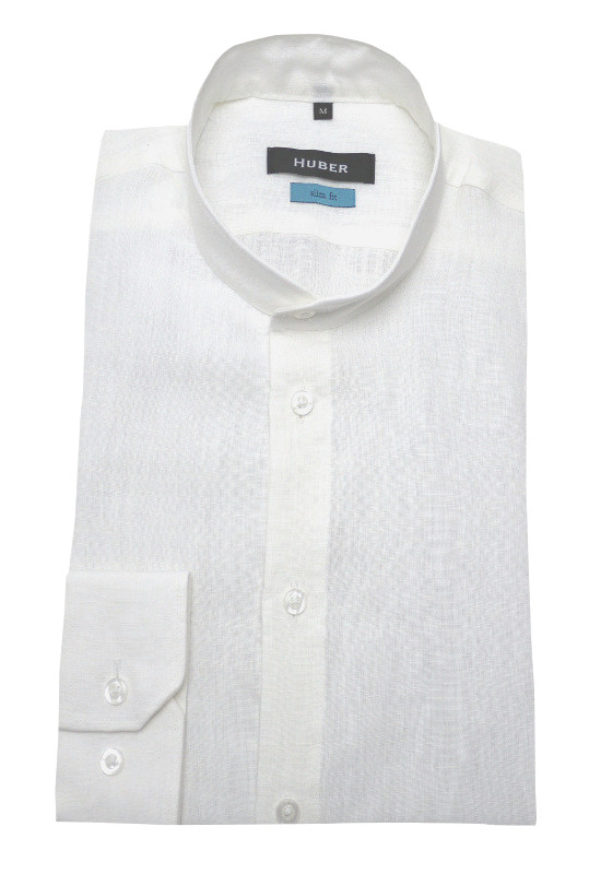 HUBER Stehkragen Leinen Hemd weiß HU-0391 Slim Fit